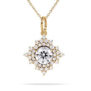 Double Halo Moissanite Pendant, Tiny Women Necklace, Moissanite & Diamond Pendant, Solid Gold, Custom Jewelry, Minimalist Pendant For Gift