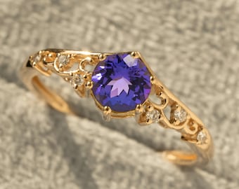 14k Gold Tansanit Ring, runder lila Edelstein mit Diamant Akzenten, filigraner Vintage Schmuck