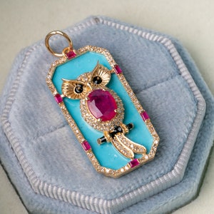 14k Gold Turquoise Owl Necklace,Long Octagon Pendant,Baguette Ruby Diamond Halo Pendant,Animal Lover Jewelry,Oval Gemstone Necklace