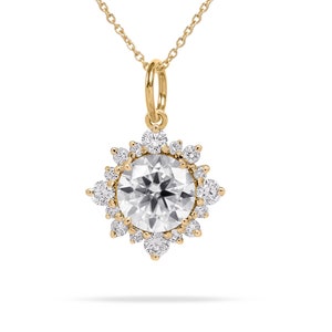 Genuine Moissanite Cluster Pendant, 18k Gold Halo Pendant, Colorless Moissanite Wedding Necklace, Art Deco Pendant, Gift For Girlfriend