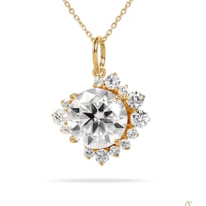 Moissanite Cluster Pendant In 14k Gold, Halo Moissanite Small Pendant, Everyday Gold Necklace, April Birthstone Gift, Fine Necklace Women