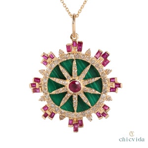 Elegant Ruby & Malachite Floral Pendant, Antique Handmade Halo Pendant, Baguette Ruby Women Necklace, Yellow Gold Jewelry, Diamond Pendant