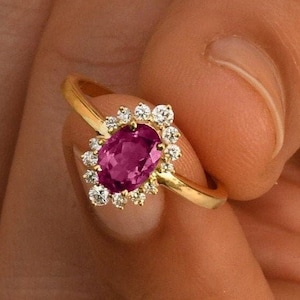 Natural Pink Tourmaline Engagement Ring, Oval Cut 18K Solid Gold Ring, Diamond Halo Bridal Ring, Pink Ring, Minimalist Promise Ring Gift