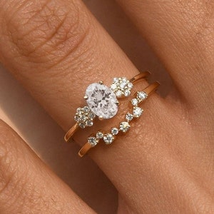 Moissanite Engagement Ring Set,14k Solid Gold,Oval D Color Moissanite Wedding Ring,Diamond Eternity Band,Bridal Stacking Ring Set,Set of two