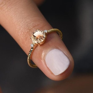 14k Sunstone Minimalist Promise Ring, Twisted Band Solitaire Ring, Tiny Diamond Ring Solid Gold, Simple Bridal Ring, Small Engagement Ring