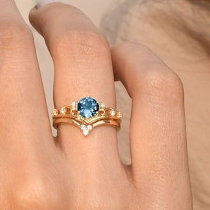 London Blue Topaz Wedding Ring,Crown Diamond Ring,Blue Topaz Engagement Ring,Art Deco Bridal Ring,Anniversary Gift,Solitaire Topaz Gold Ring
