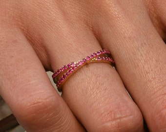 Minimalist Ruby Crisscross Eternity Ring, 14k Gold Wedding Band