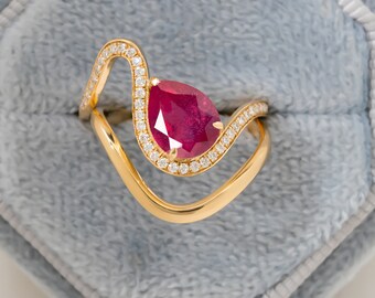 Teardrop Ruby Engagement Ring Set,Natural Ruby Diamond Ring,Bridal Stacking Set,Deep Contour Band,Set of 2 Rings,East West Ring,Vintage Ring