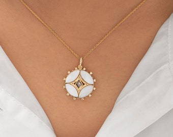 14K Gold Pendant/Salt and Pepper/Diamond and Mother of Pearl Pendant/Rose Cut Diamond Pendant/Fine Jewelry/Pendant Necklace/Gift for Mother