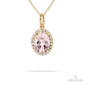 Morganite Halo Pendant, Oval Shape Rose Gold Pendant, Diamond Pendant Necklace, Vintage Pendant, Pink Gemstone, Minimalist Bridal Jewelry