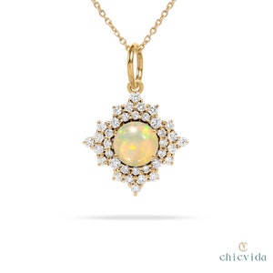 Opal Diamond Halo Pendant, 14k Yellow Gold Necklace, Natural October Birthstone Jewelry, Dainty Handmade Charm, Double Halo Opal Necklace