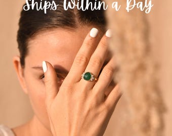 14k Natural Emerald Cocktail Ring,Diamond Accent,Art Deco Ring Wedding Band,Green Emerald Engagement Ring,Bridal Promise Ring,Push Gift