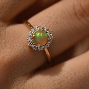 Natural Opal Halo Ring, 14k Gold Opal Engagement Ring, Dainty Birthstone Ring, Unique Wedding Ring, October Stacking Ring Gift for Fiance