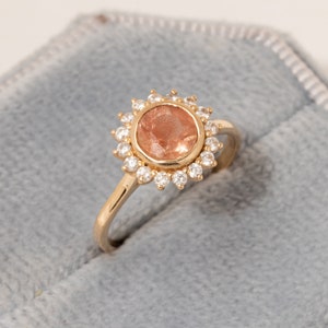 Floral Oregon Sunstone Ring/Sunstone Diamond Halo Ring/Sunstone Engagement Ring for Her/14K Solid Gold/Natural Sunstone Jewelry/Handmade