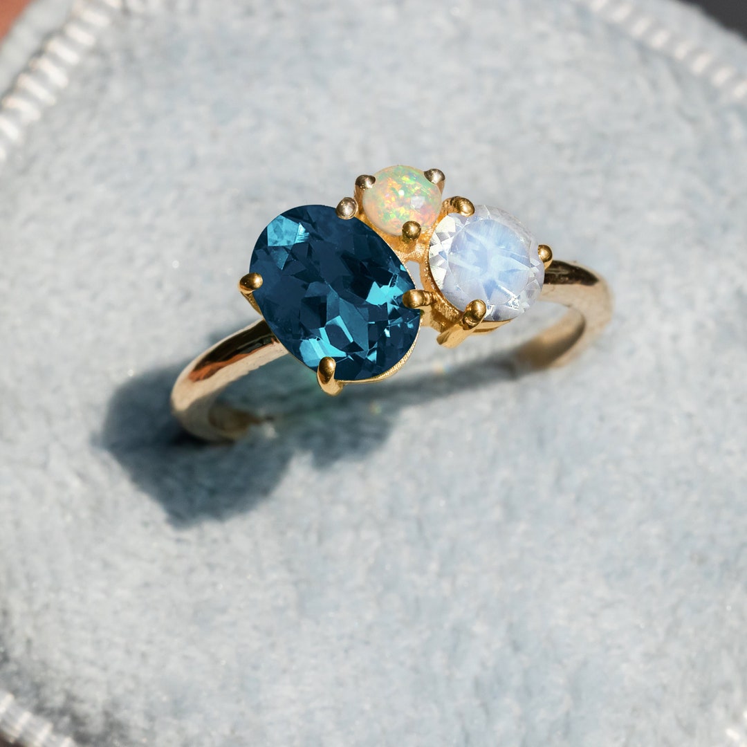 Toi Et Moi Ring/multi Stone Ring/topaz Opal Moonstone Ring/london Blue