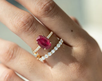 14k Gold Oval Ruby Engagement Ring Set, Diamond Eternity Band