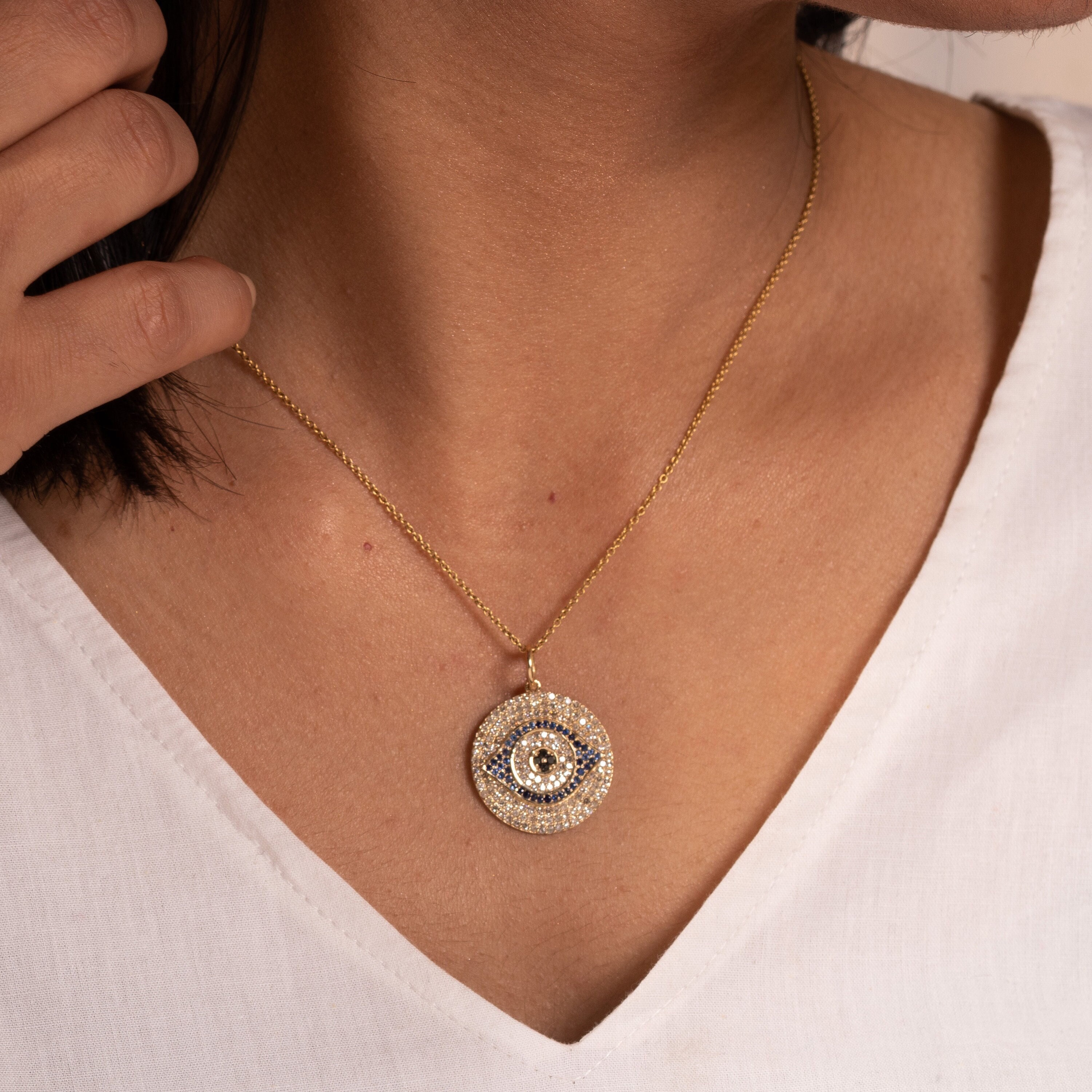 14k Sapphire Diamond Pendant/Pave Diamond/Evil Eye Diamond Necklace/Emerald & Ruby Pendant Necklace/Wedding Gift/Black Diamond Eye Pendant
