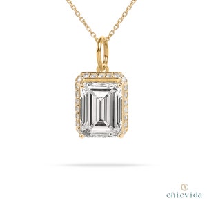 Moissanite Gold Pendant, Emerald Cut Pendant, Diamond Halo Pendant, 18k Solid Gold Necklace, Dainty Moissanite Pendant, Bridesmaid Gift Idea