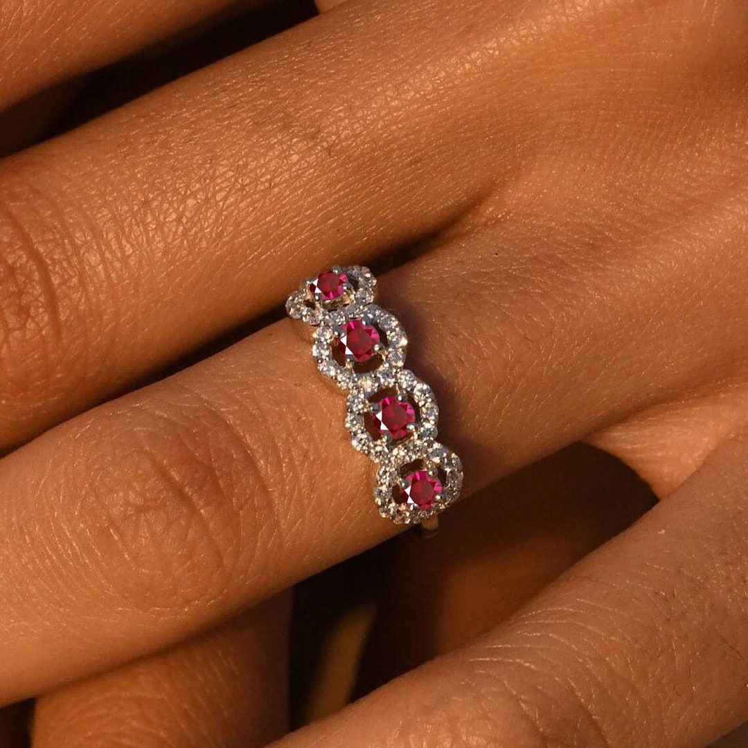 14k Gold Ruby Diamond Half Eternity Band, July Birthstone Bridal Ring ...