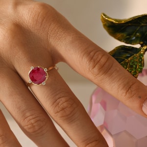 Genuine Ruby Engagement Ring,14k Solid Gold,Cushion Cut Ruby Wedding Ring,Diamond Accented,Art Deco Ring,Unique Proposal Ring for Her,Love