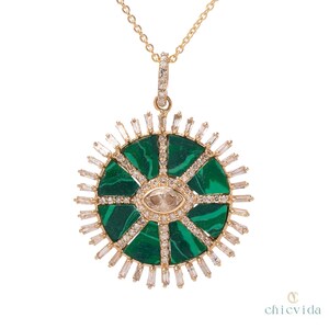 Natural Malachite Sunburst Diamond Pendant, 14k Gold Green Gemstone Necklace, Eye Charm Pendant, Handmade Statement Jewelry, Gift for Her
