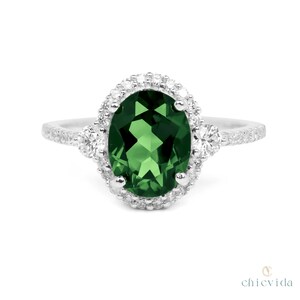Minimalist Halo Green Tourmaline Ring, Oval Gemstone, Handmade Green Ring, 14k Gold Jewelry, October Birthstone, Everyday Women Ring, Charm