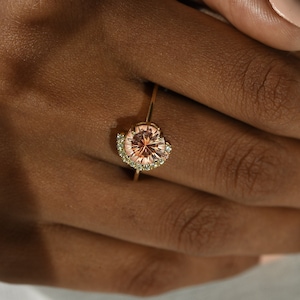 Round Oregon Sunstone Ring,Solid 14k Rose Gold,Unique Sunstone Engagement Ring,Art Deco Half Halo Moissanite Ring,Vintage Promise Ring