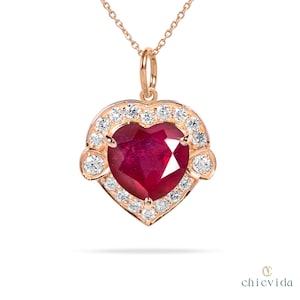 Natural Ruby Pendant,Halo Necklace,14k Solid Gold,Heart Shape Pendant,Bridal Gift,Statement Necklace,July Birthstone Jewelry,Red Gemstone