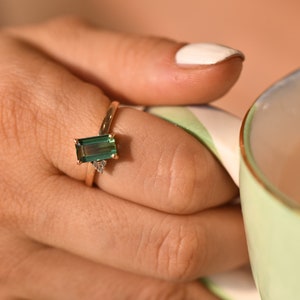 Green Tourmaline Engagement Ring,14k Solid Gold,Emerald Cut Wedding Ring,Unique Promise Ring,Mint Gemstone Ring,October Jewelry,Gift for Her