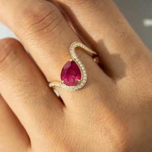 Pear Cut Genuine Ruby Engagement Ring,14k Solid Gold,Curved Diamond Band,July Birthstone,Art Deco Wedding Ring,Prong Set Teardrop Ruby Ring