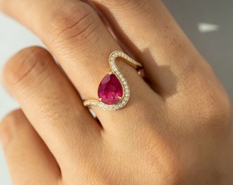 Pear Ruby Engagement Ring, 14k Gold Diamond Band, Art Deco Teardrop Ring
