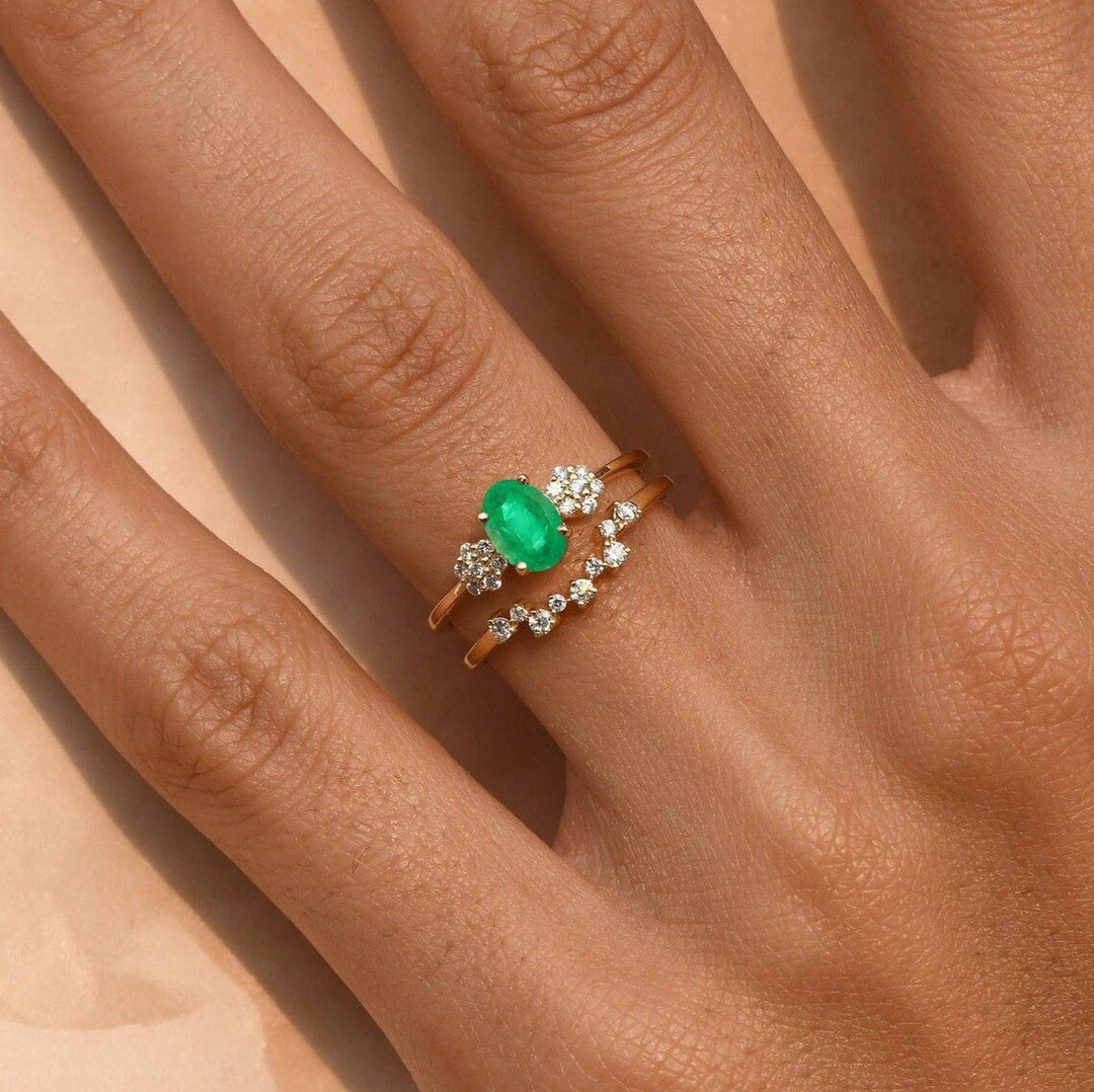 Vintage Emerald Ring,unique Oval Emerald Engagement Set,14k Vintage Emerald Ring,unique Oval Emerald Engagement Set,14k