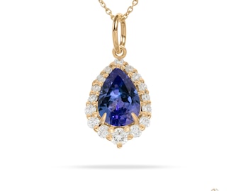Elegante Tansanit Anhänger, Diamant Halo Gold Anhänger, Blau Anhänger Geschenk, Teardrop Charm Halskette, Rose Gold Tansanit Birne Anhänger, Für Frau
