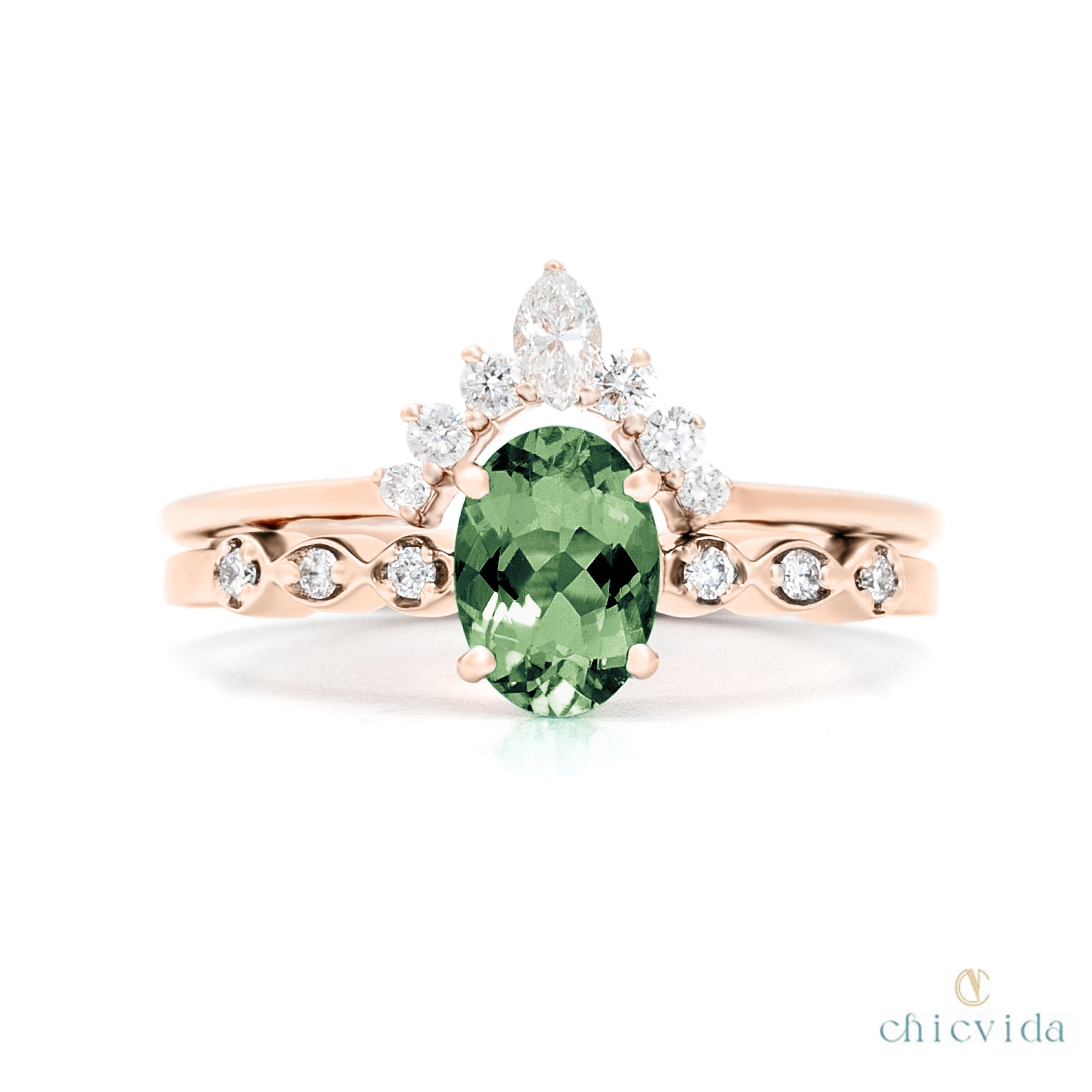 Green Tourmaline Engagement Ring set/ 14k Solid Gold/ Bridal Etsy