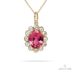 Solid 18k Gold Floral Pendant, Pink Tourmaline Oval Pendant, Diamond Halo, Bridal Wedding Gift, Pink Pendant, Women&#39;s Charm Pendant Jewelry