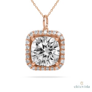 Cushion Moissanite Halo Pendant, 14k Rose Gold Necklace, Solitaire Charm Pendant, Dainty Bridal Jewelry, Moissanite Women Necklace Gift