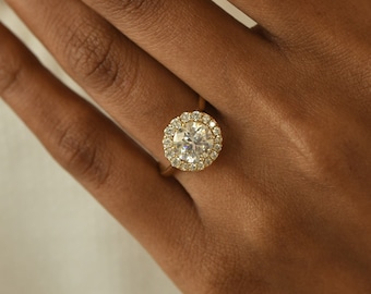 2ct Lab Diamond Wedding Ring, Solid 14k Gold Halo Promise Ring, Round Gemstone Birthstone Jewelry, Vintage Fine Ring, Gift For Christmas