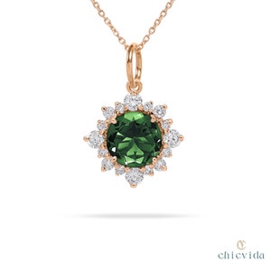 Round Cut Green Tourmaline Pendant/14k Gold Solid/Natural Gemstone Pendant/Floral Necklace/Diamond Halo Pendant/Mothers Day Present/Handmade