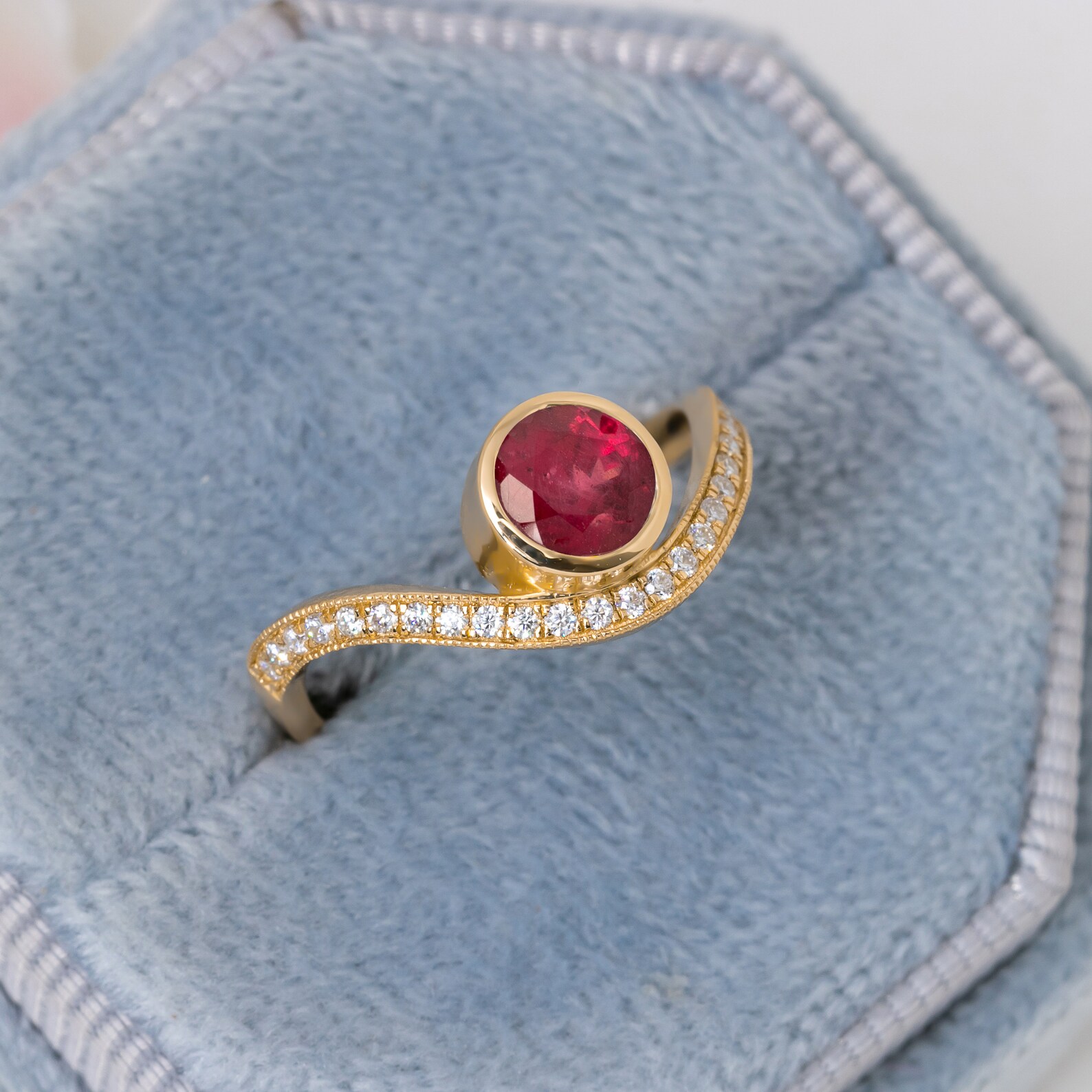 Genuine Ruby Engagement Ring,14k Rose Gold,diamond Curved Band,bezel ...