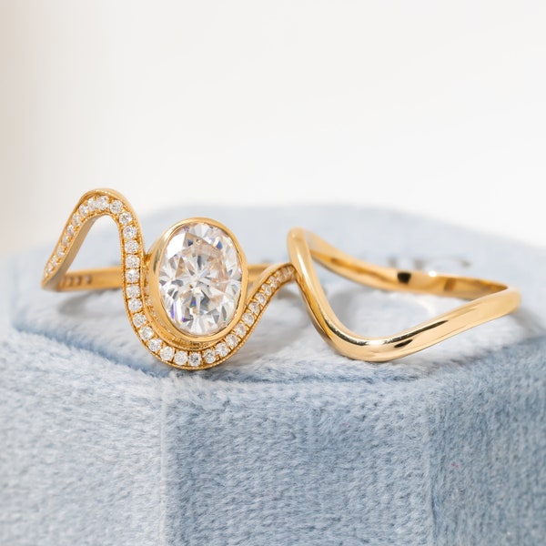 Certified Lab Diamond Wave Ring Set, 14k Yellow Gold Modern Bridal Set, Bezel Engagement Ring with Contour Band, Handmade Wedding Jewelry