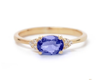 Precious Tanzanite Ring/East West Ring/Horizontal Ring/14k Gold Ring/Tanzanite Diamond Ring/Anniversary Ring/Promise Gift/Something Blue