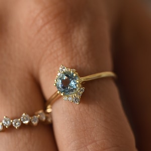 Aquamarine Diamond Ring, 14k Yellow Gold Dainty Ring, March Birthstone Ring, Natural Blue Gemstone Ring, Promise Ring for Her, Aqua Jewelry