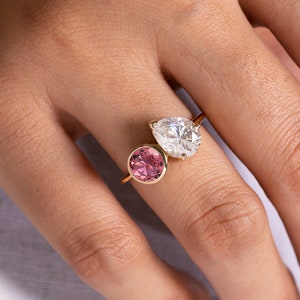 Pink Tourmaline & Moissanite Ring,Toi Et Moi Engagement Ring,Dual Stone Ring,Pear Cut 2Ct Moissanite Ring,Art Deco Tourmaline Ring for Women