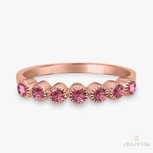 Pink Tourmaline Half Eternity Band, 14K Gold Wedding Stacking Ring, Pink Gemstone Ring, Dainty Women Jewelry, Gift For Girlfriend, Unique