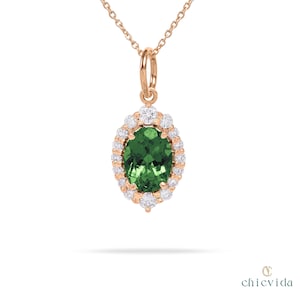 Natural Green Tourmaline Diamond Pendant, 18K Gold Halo Necklace, Minimalist Pendant, Green Pendant, Oval Pendant Necklace, Wedding Gift