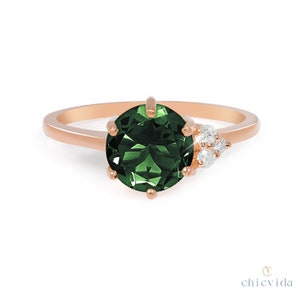 Green Tourmaline Diamond Ring/Cluster Ring in 14k Gold/Solitaire Wedding Ring/Gift for Mom/October Birthstone/Prong Set/Dainty Promise Ring