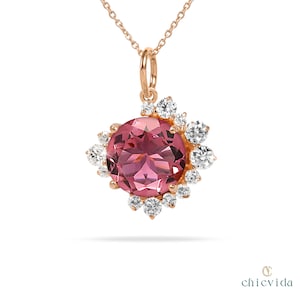 Pink Tourmaline & Diamond Halo Pendant, Round Cut Pink Gemstone Necklace, 18k Gold Jewelry, Natural Tourmaline Necklace, Handmade Gift Her