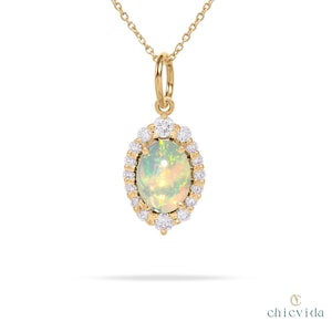 Natural Opal Halo Pendant, Oval Gemstone Pendant, Solid 18k Gold Opal Necklace, Charm Pendant, 10th Anniversary Gift, Diamond Halo Necklace