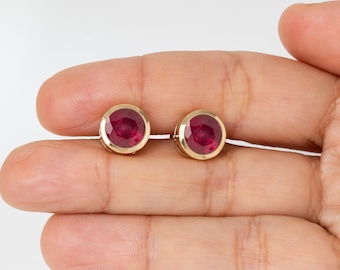 Round Cut Ruby Studs,Dainty Ruby Earrings,14k Solid Gold Studs,Natural Gemstone,Minimalist Earrings,Bridal Gift,Red Earrings,July Birthstone