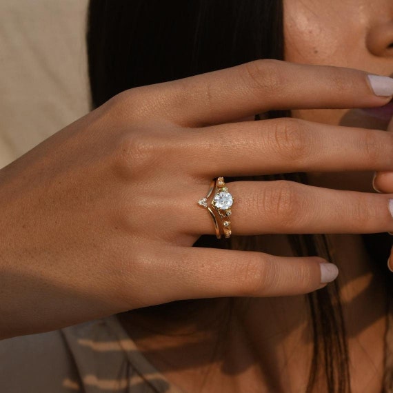 2pc aquamarine engagement ring set rose gold diamond ring split shank –  WILLWORK JEWELRY